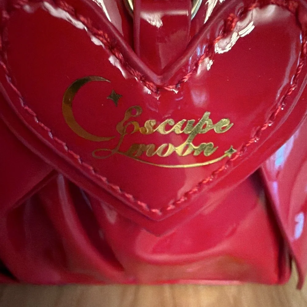 Red Patent Satchel Top Handle Crossbody Bag Bow Heart Charm Cat Tag
